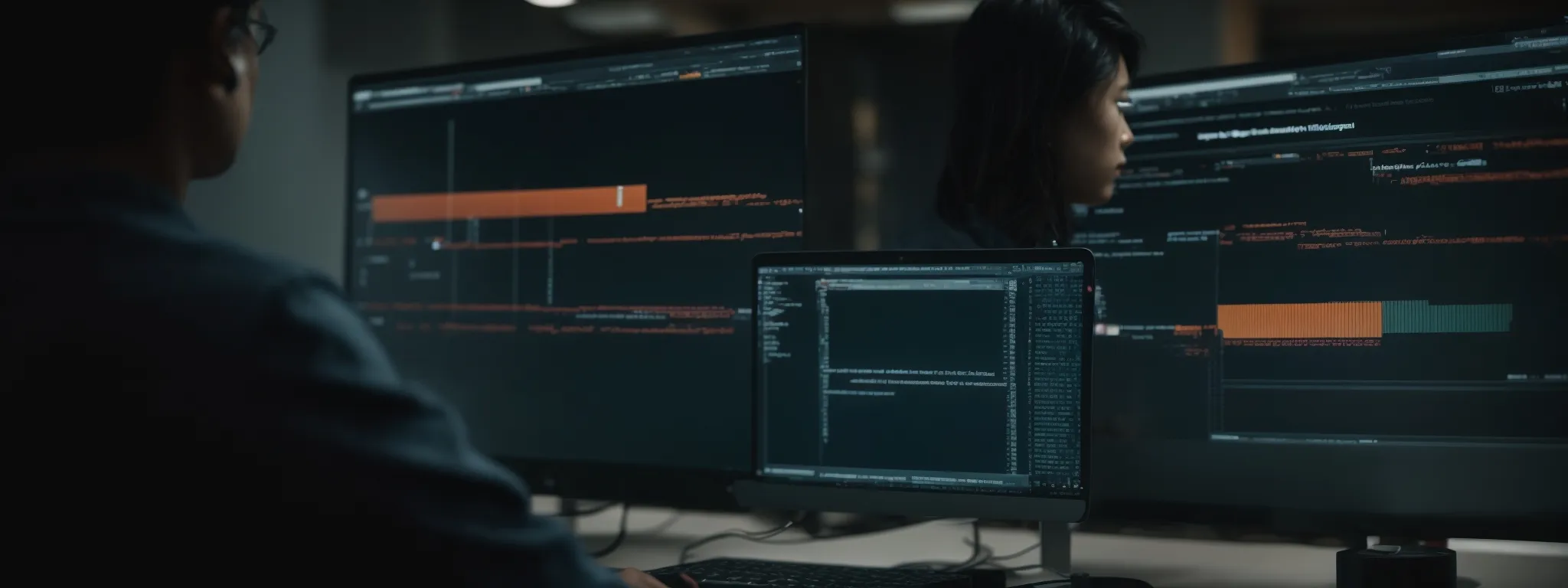 a tech-savvy individual reflects on a computer screen, showcasing a webpage with interactive javascript elements, symbolizing the evolving relationship between seo and web development.