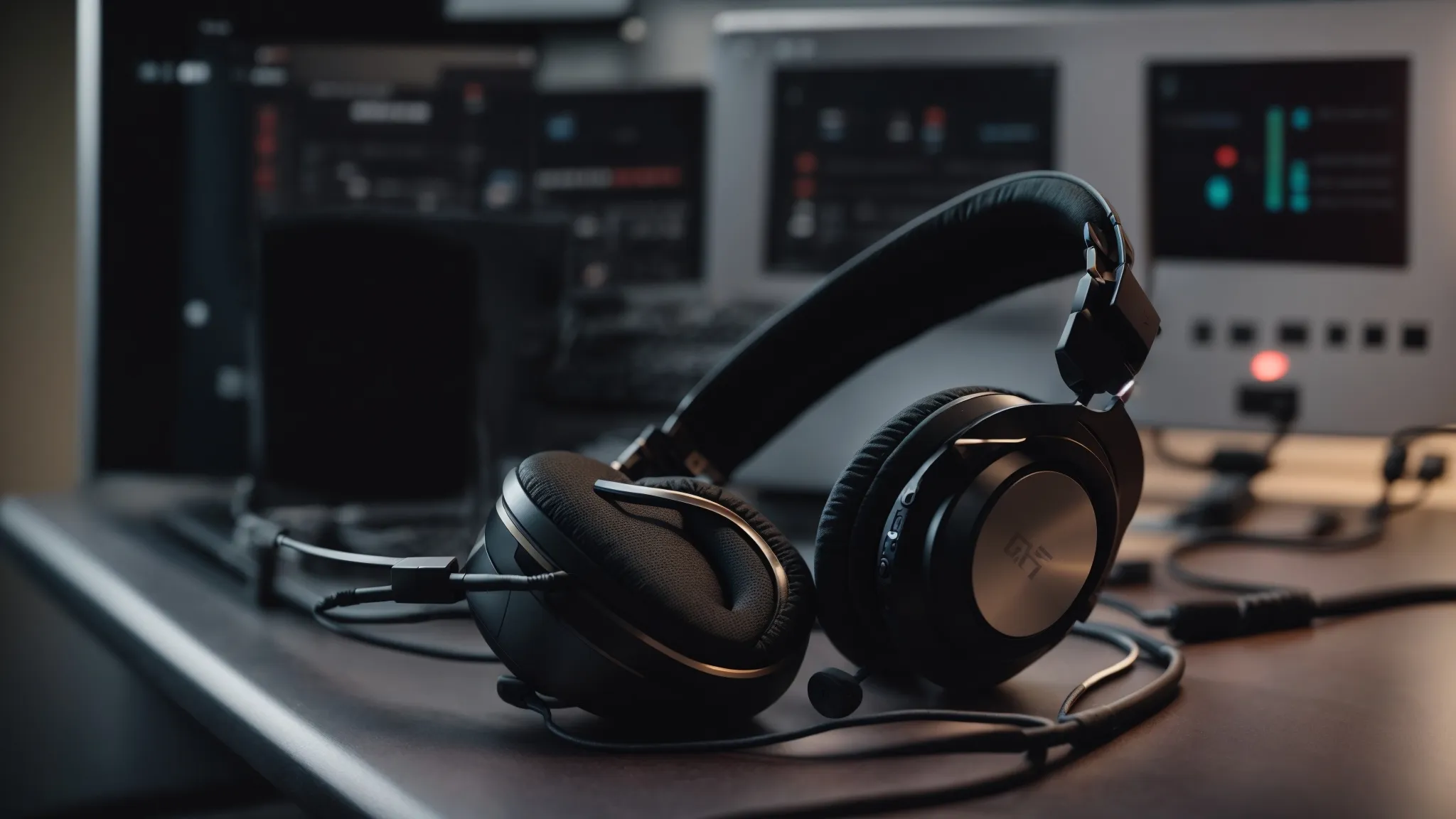 a pair of headphones lies next to a microphone in a podcast recording studio, suggesting a discussion about google web story strategies and seo best practices.