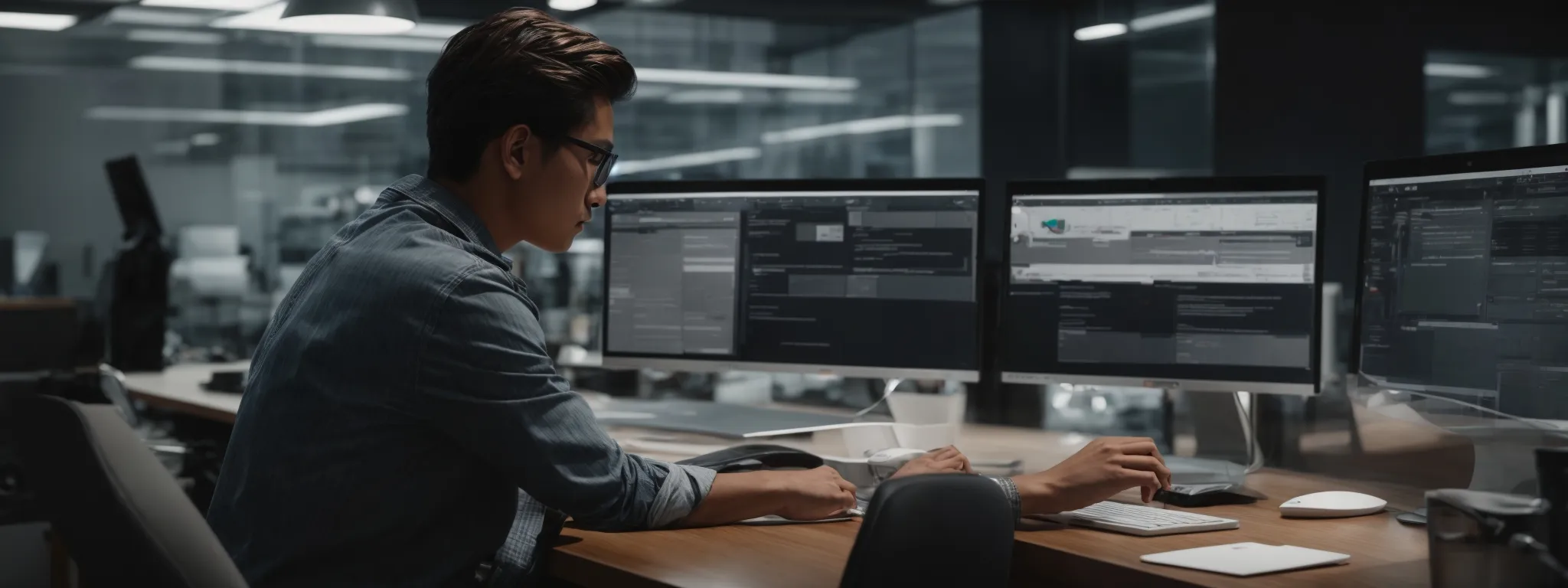 a person sits at a sleek workspace, intently using google docs on a modern computer to design a visually engaging brand proposal.