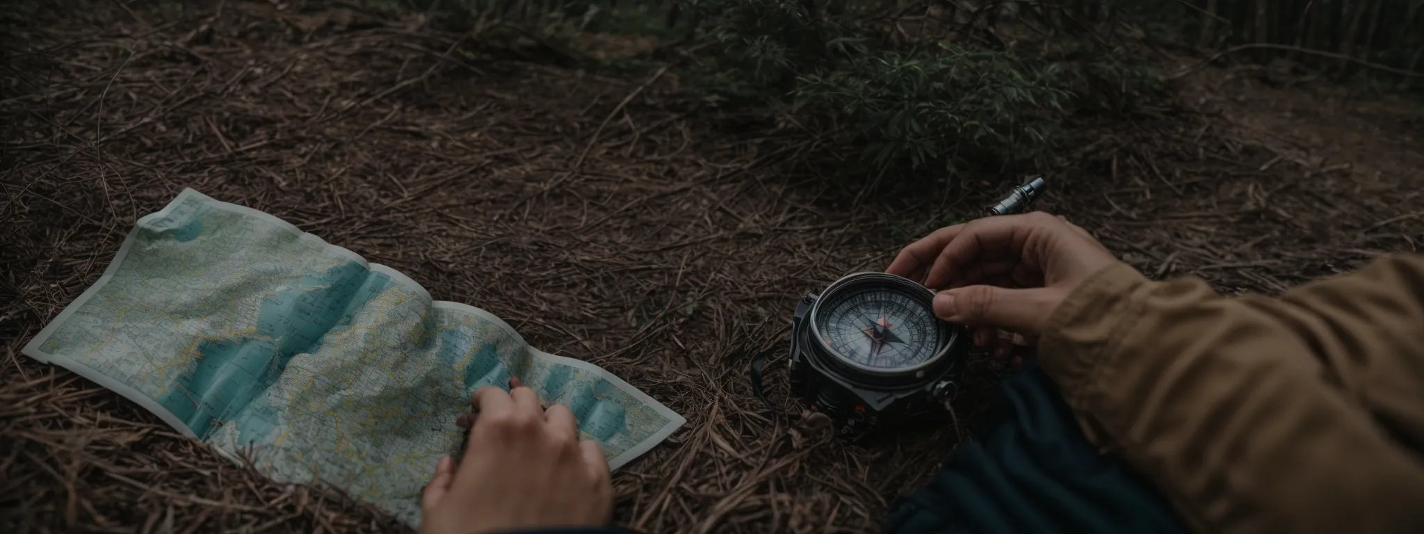 a person using a compass on a map to find a route through a forest.