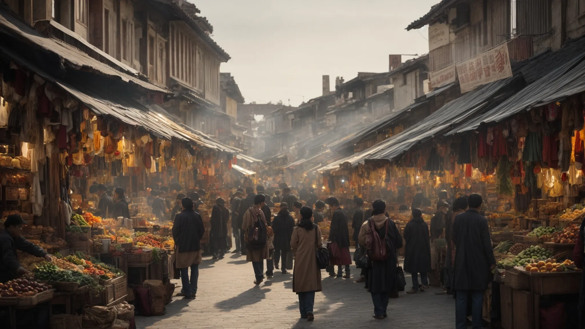 a bustling marketplace with diverse shops and patrons interacting, emblematic of local commerce in action.