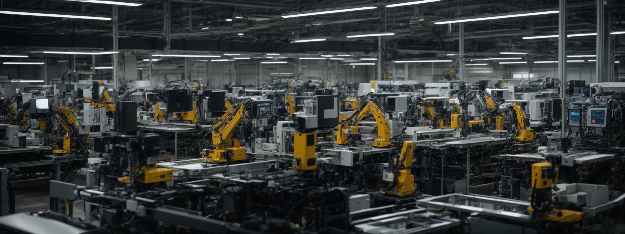 a bustling factory floor filled with advanced robotics efficiently assembling products under the supervision of a few technicians monitoring computer screens.