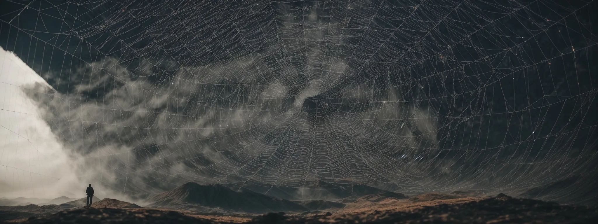 a figure contemplating a large, intricate web with highlighted paths leading to a prominent center point, symbolizing strategic seo navigation.