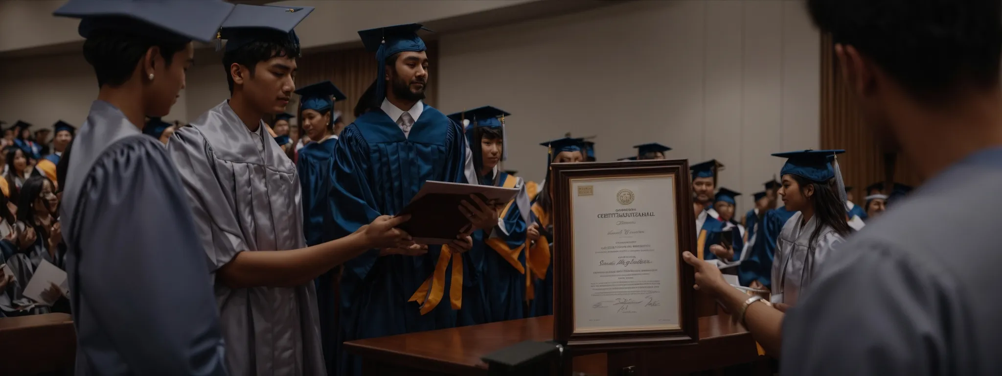 a person receives a framed certificate from a professional at a graduation ceremony, symbolizing the achievement of seo certification.