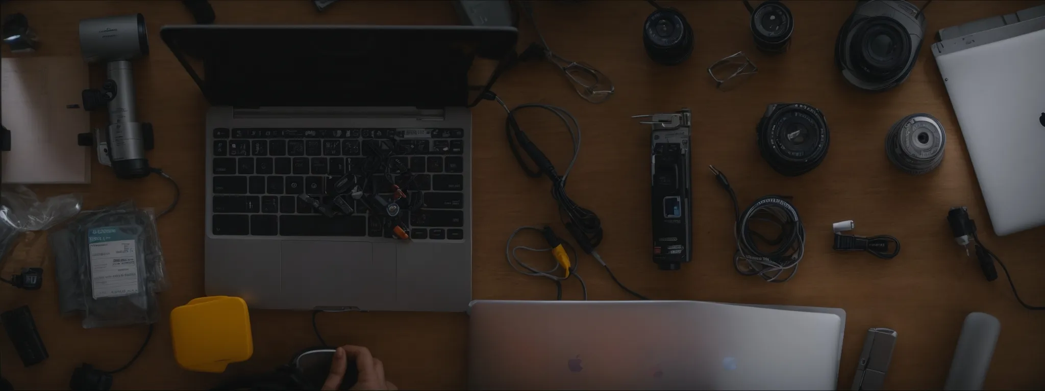 a person typing on a laptop surrounded by an array of home repair tools.