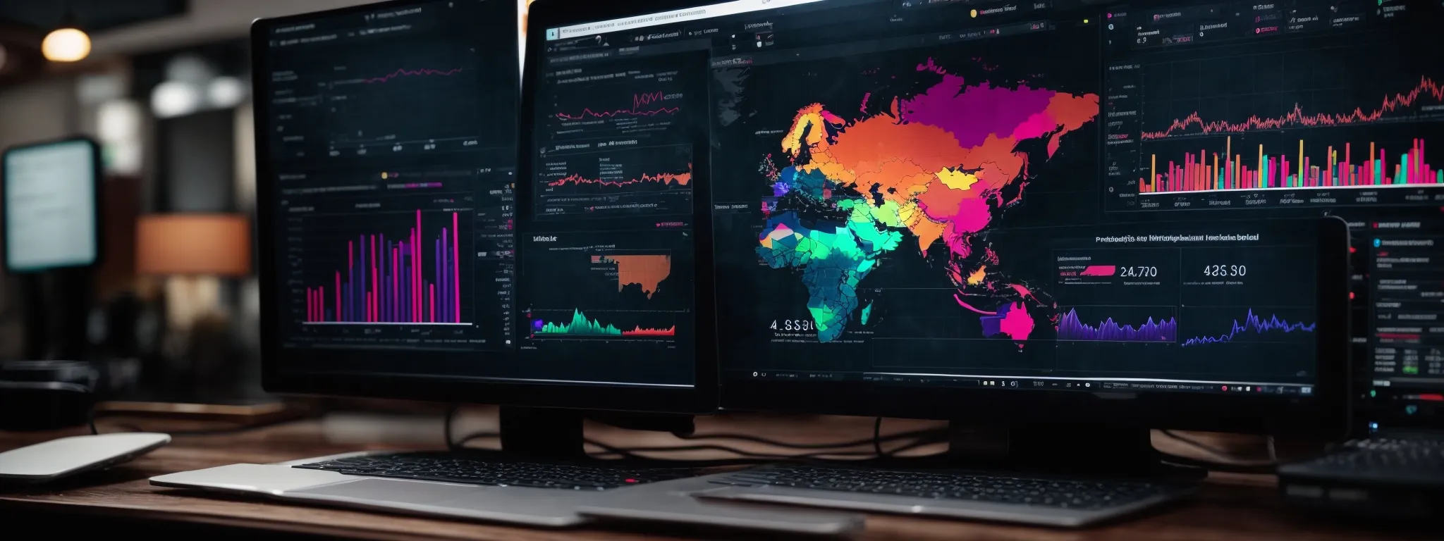 a close-up of a laptop screen displaying colorful graphs and analytics dashboards with a blurred background.