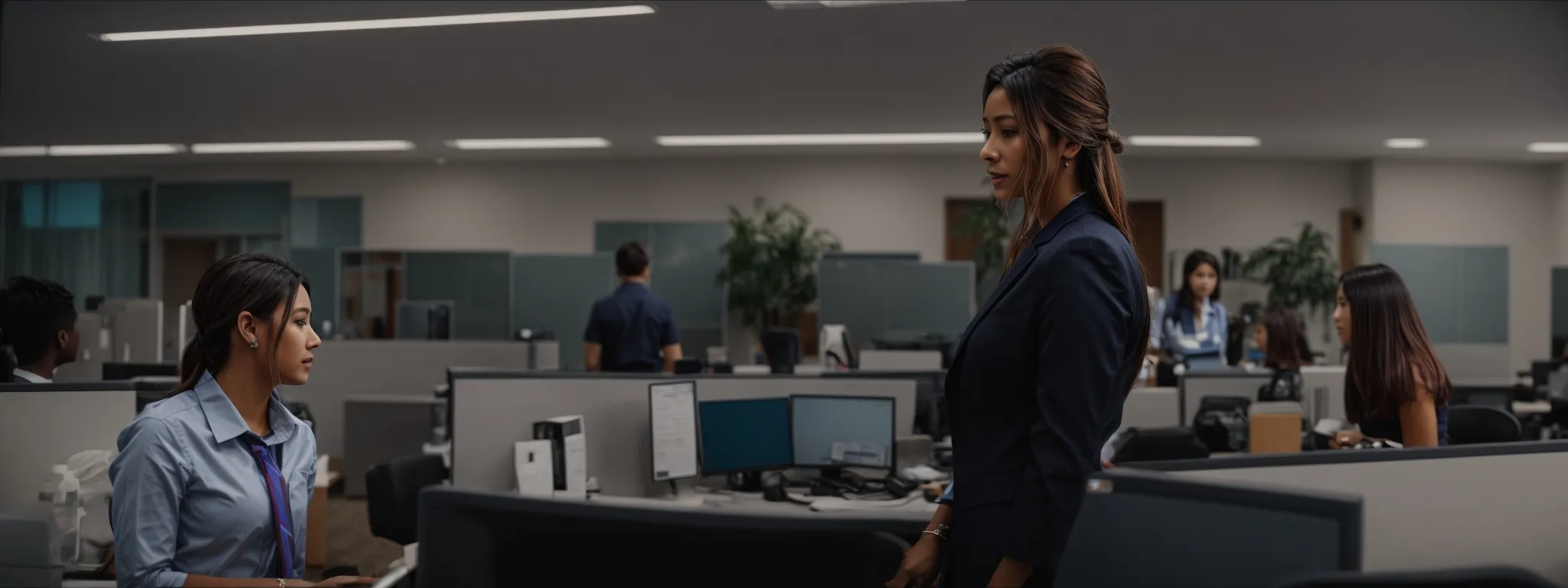 Two women talk in a modern open-plan office with several coworkers at desks in the background, featuring computers, partitions, and office plants.