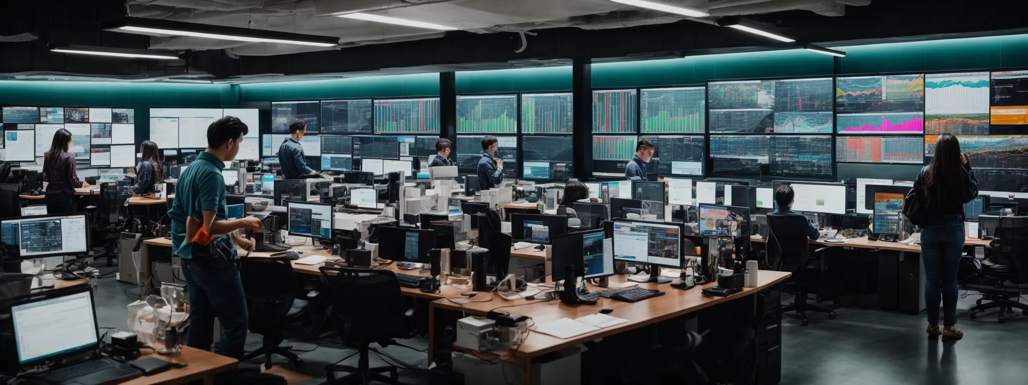a bustling digital marketing office with screens displaying vibrant analytics dashboards, a collaborative team strategically planning a campaign.