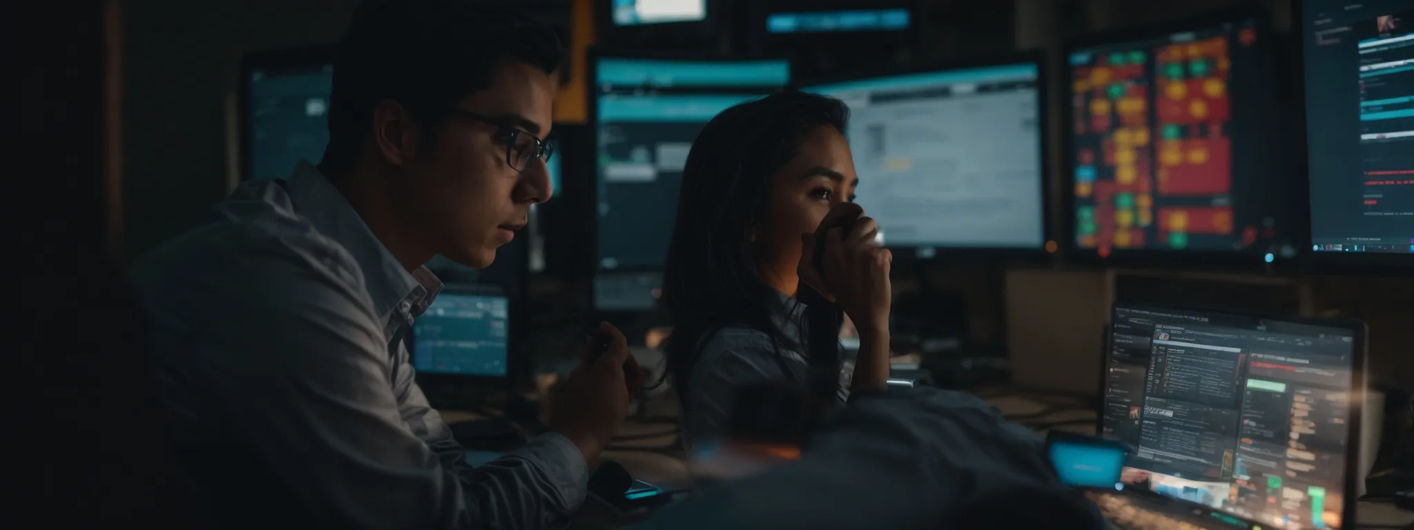 a marketer intently monitors vibrant social media analytics on a computer screen, strategizing for brand engagement.