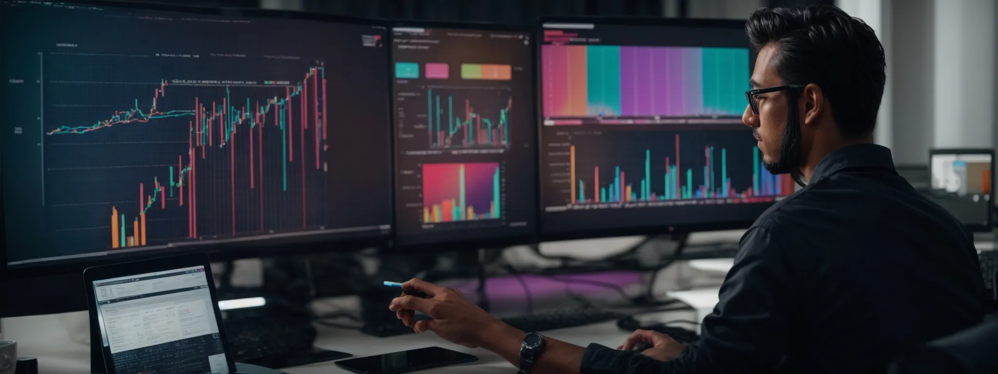 a professional reviews colorful graphs comparing the seo performance of different websites with .com and .net extensions on a computer monitor.