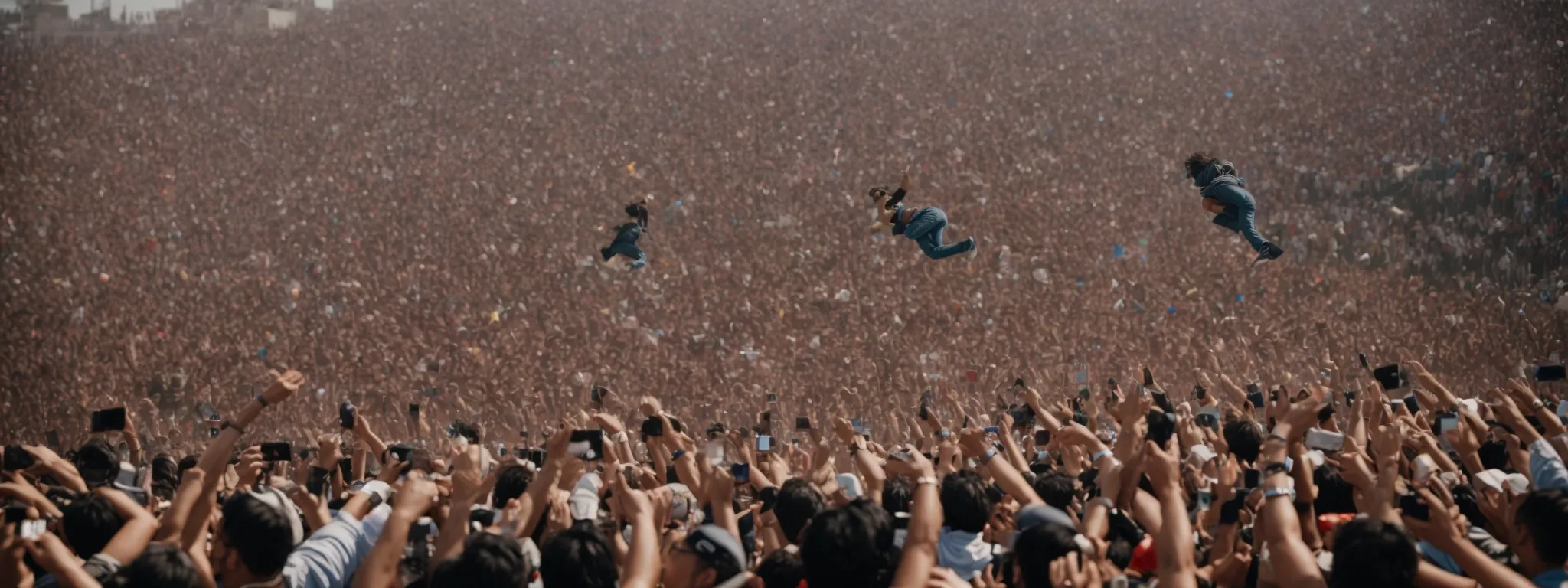 a rock star is mid-air above a crowd of fans, embodying the thrill of an seo risk-taker diving into the unknown digital market.