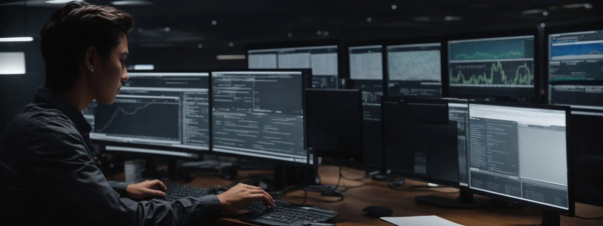 a person at a desk with dual monitors displaying analytics and search engine results, intensely focusing on optimizing a website.
