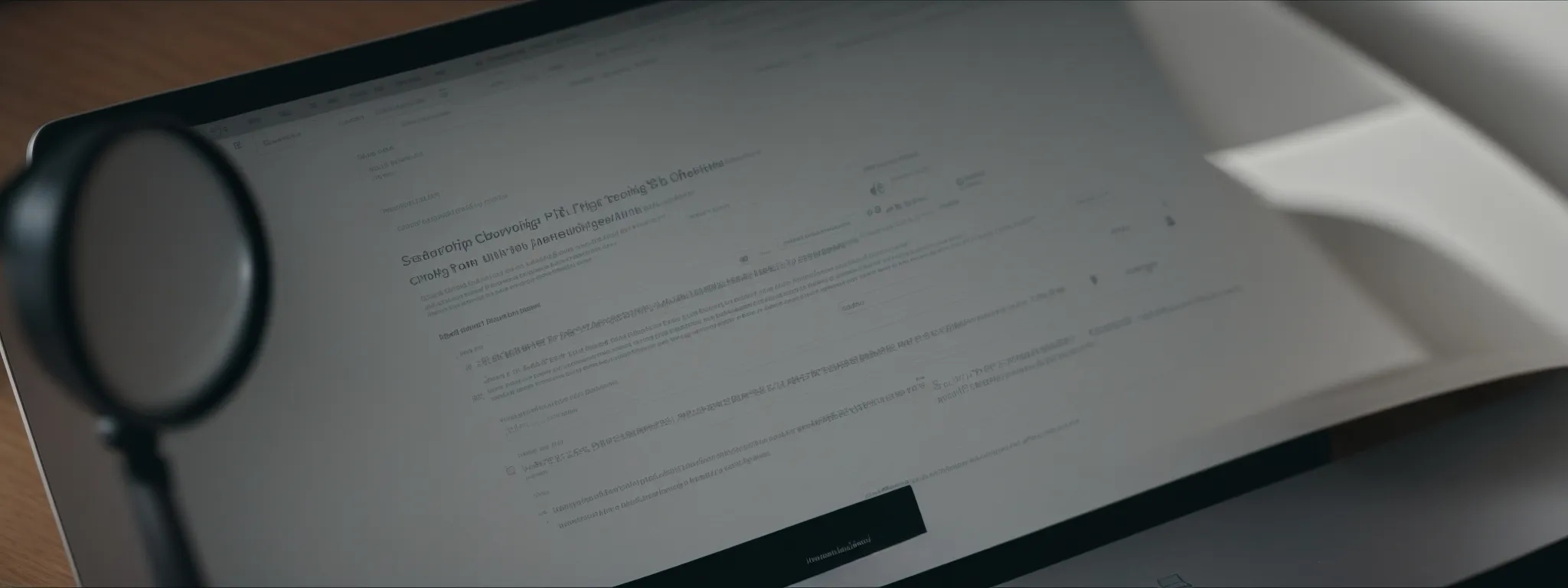 a person typing on a laptop with a magnifying glass hovering over a webpage, symbolizing search engine optimization.