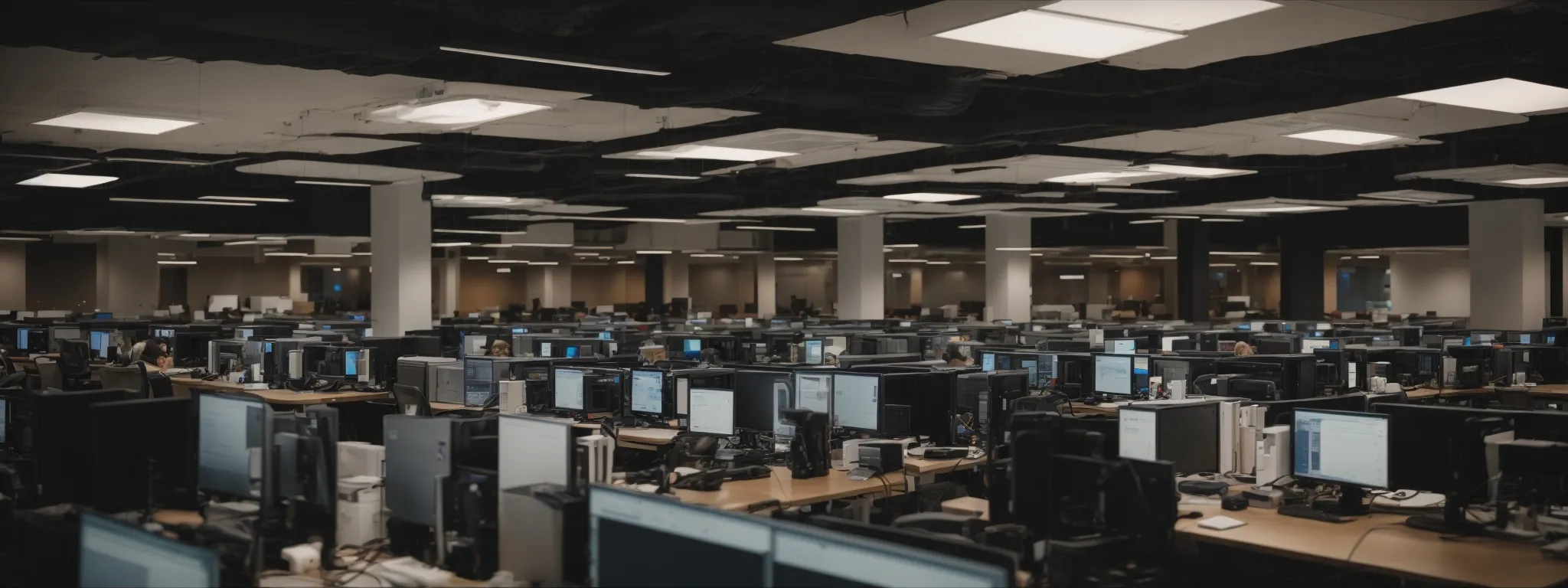 a plain, open office space filled with rows of computers, where web developers might be working to align their seo strategies with google's guidelines.