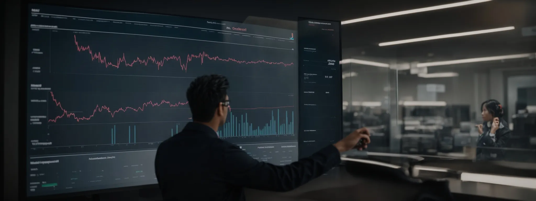 a marketer analyzes a graph on a digital dashboard reflecting consumer engagement statistics.