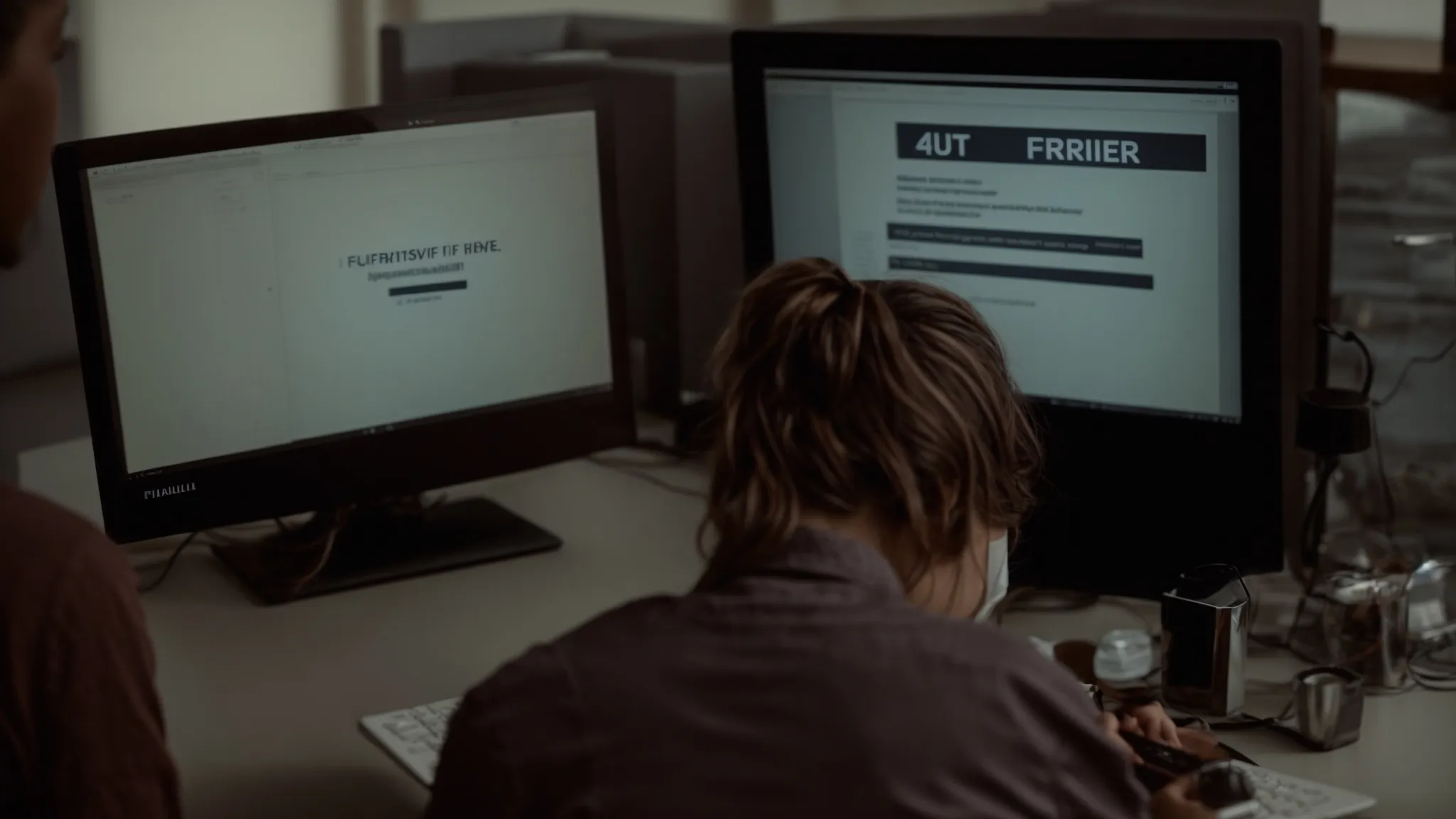 a frustrated person staring at a computer screen displaying a '404 error' message.