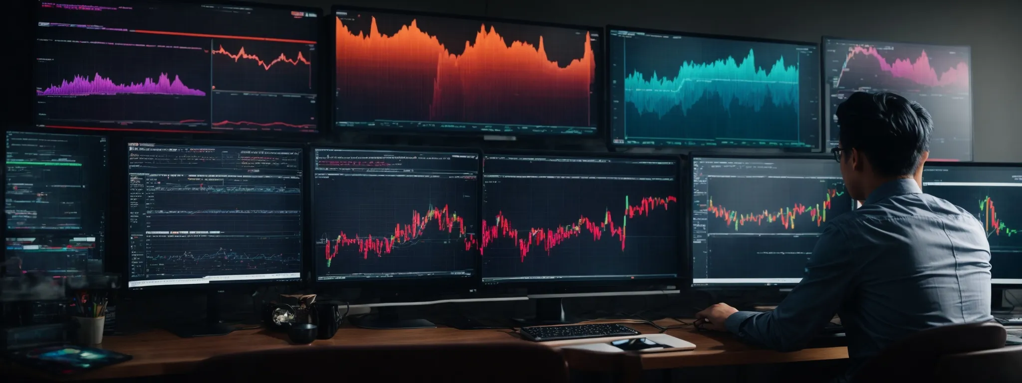 a person sitting in front of multiple computer monitors displaying colorful graphs and web analytics dashboards.