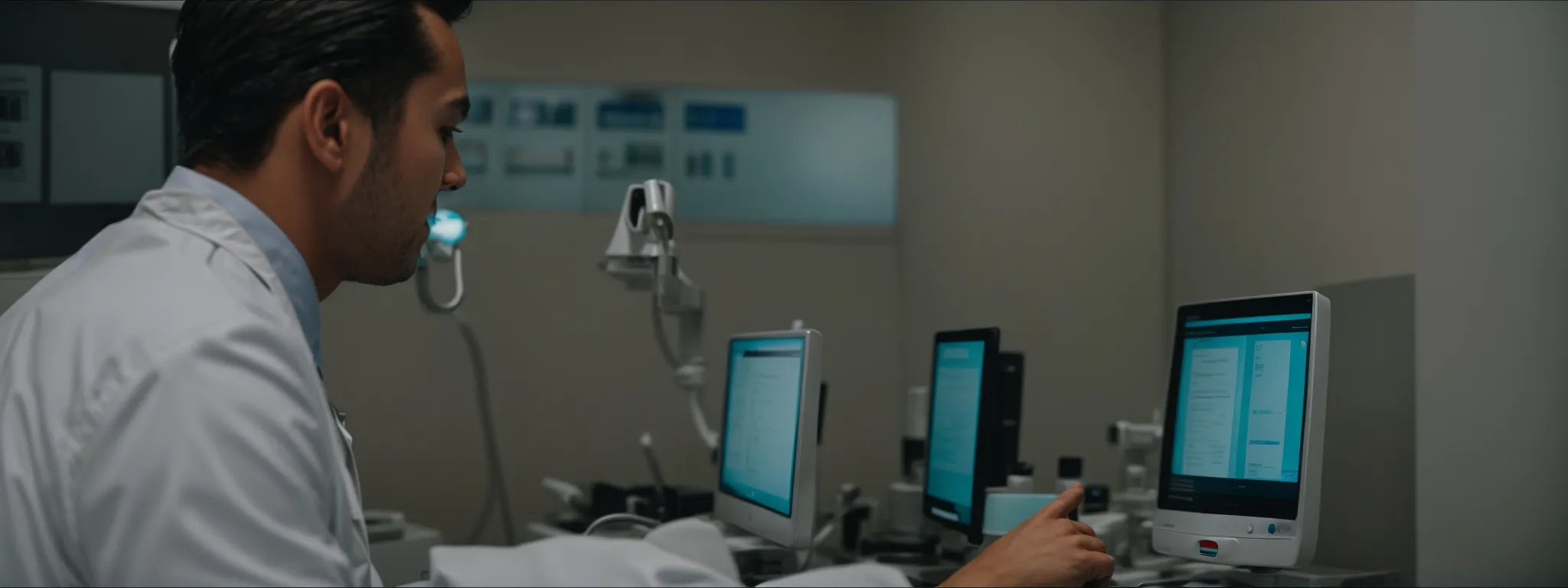 A person in a white lab coat sits at a desk and works on a computer with medical equipment and monitors, researching SEO for Dentists in a clinical setting.