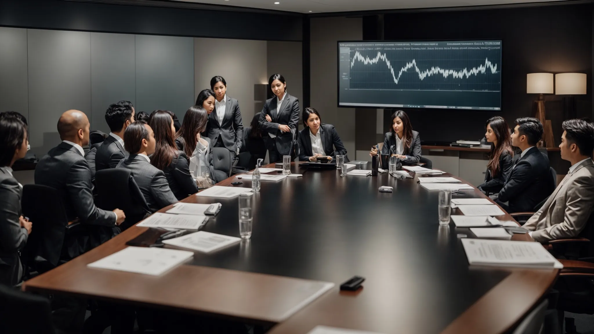 a group of professionals gathers around a large conference table, focusing on a presentation about digital marketing strategies.