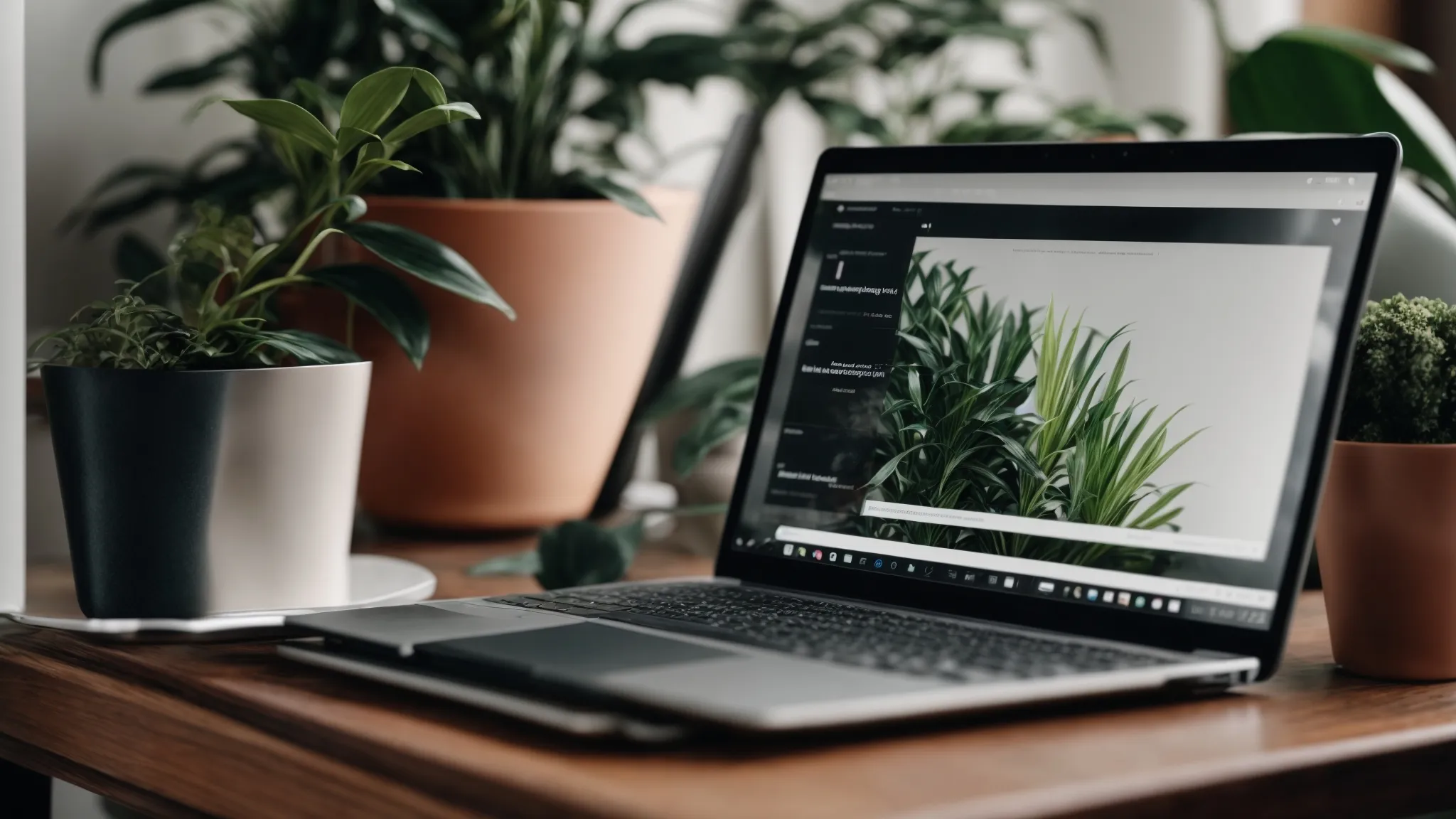 a sleek laptop displaying an analytics dashboard next to a shopping cart and a houseplant.