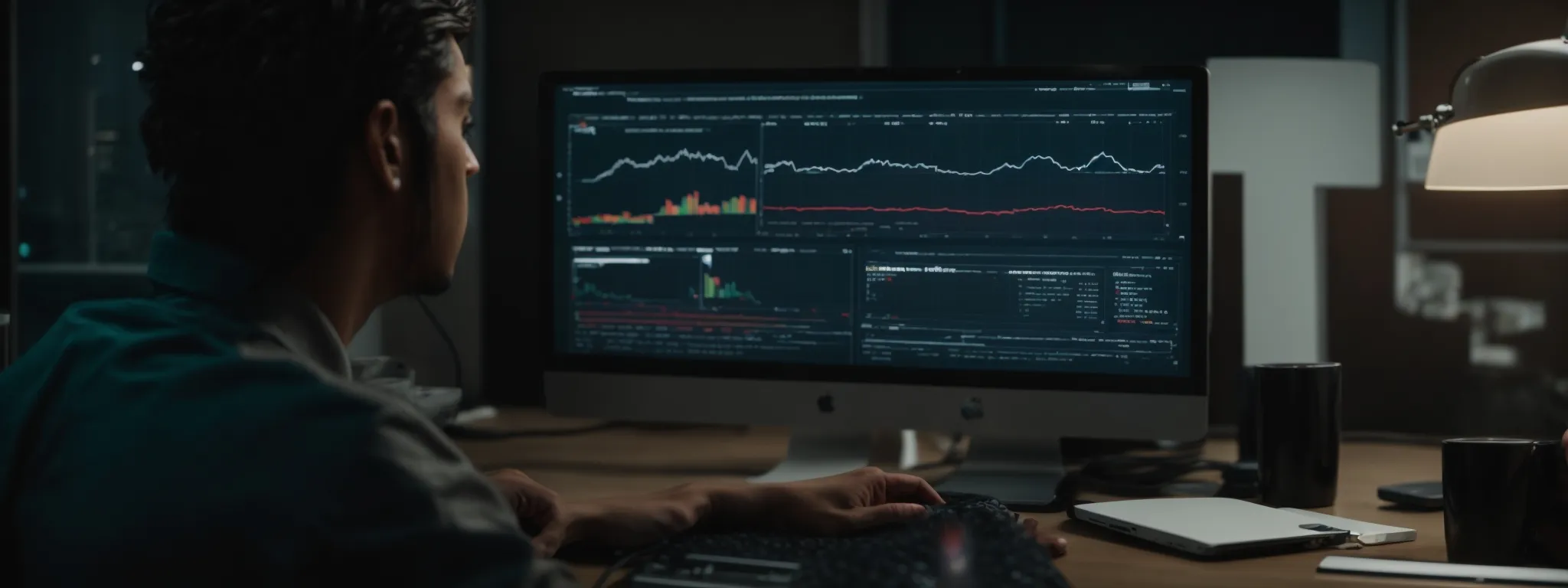 a person sitting at a computer analyzing a visible interface of an seo analytics dashboard without displaying any specific text or numbers.
