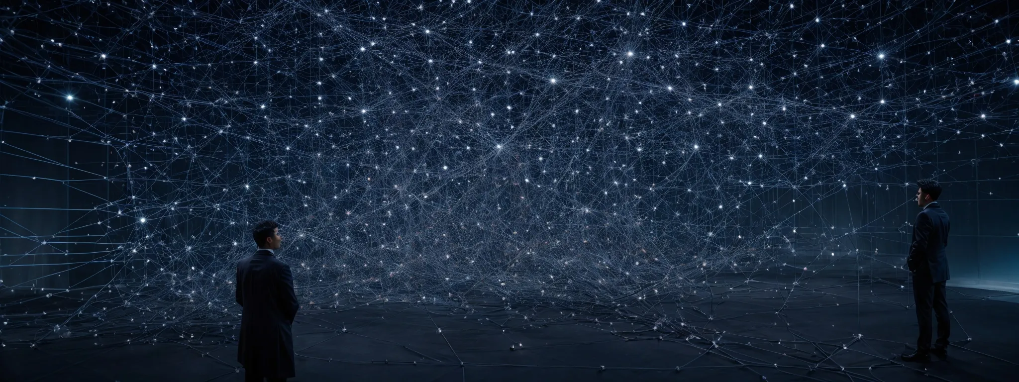 a marketer stands before a large screen displaying a complex web of interconnected nodes representing a LinkGraph.