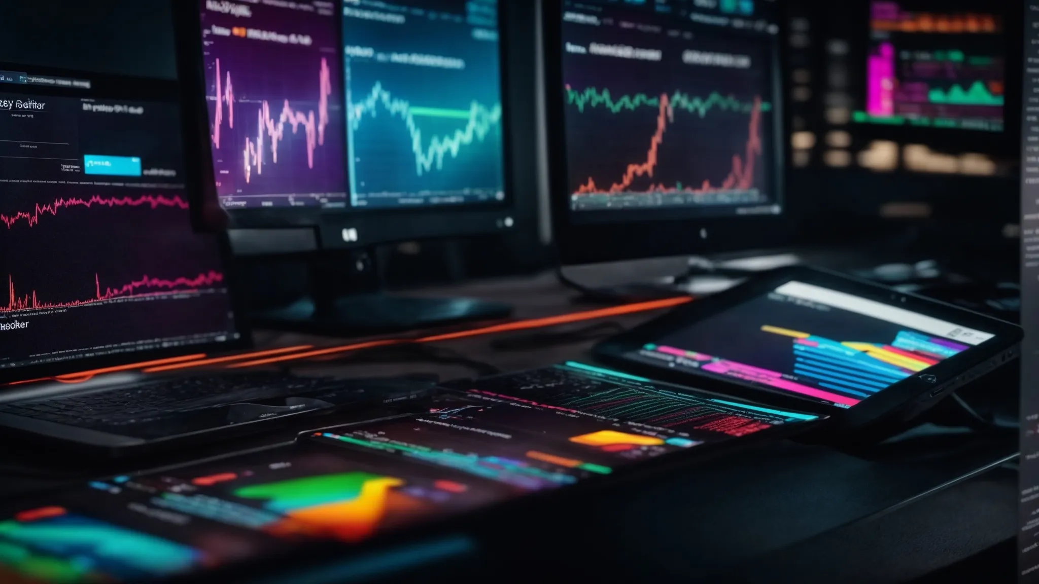 a computer screen displays colorful analytics graphs related to website traffic and search engine rankings.