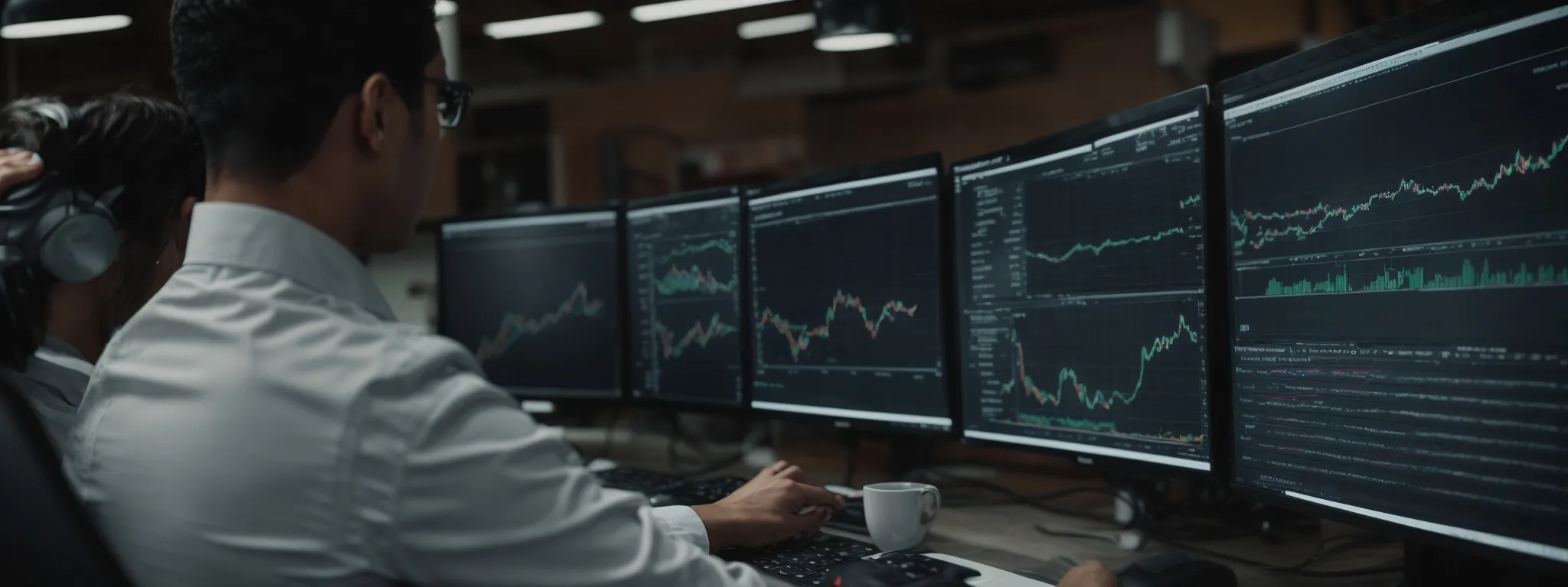 a professional at a computer reviewing complex analytics dashboards illustrating user conversion paths and seo performance metrics.