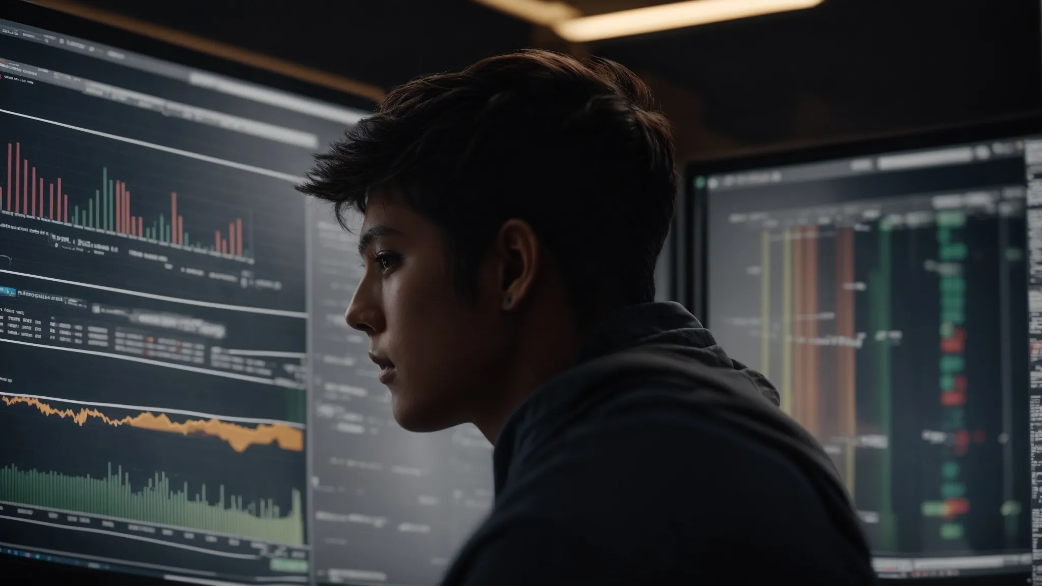 a person stares thoughtfully at a large computer screen displaying graphs and analytics related to search engine performance.
