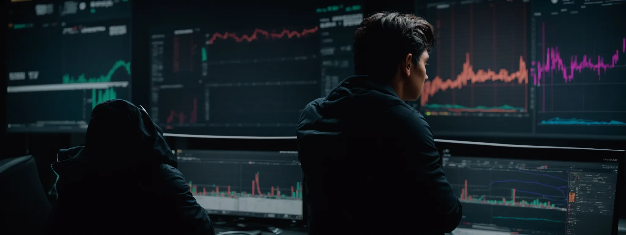 a focused individual sits before a large computer screen displaying colorful analytics graphs and performance metrics.