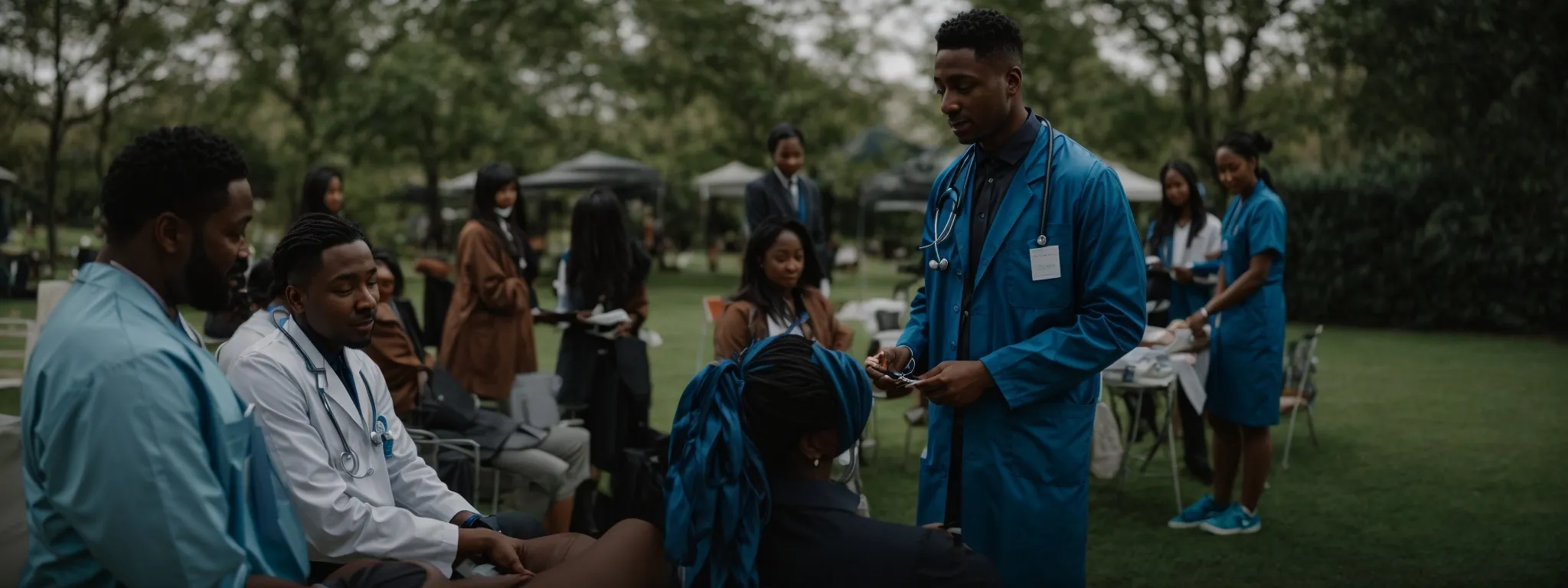 a group of healthcare professionals hosts a free health check-up event in a community park.