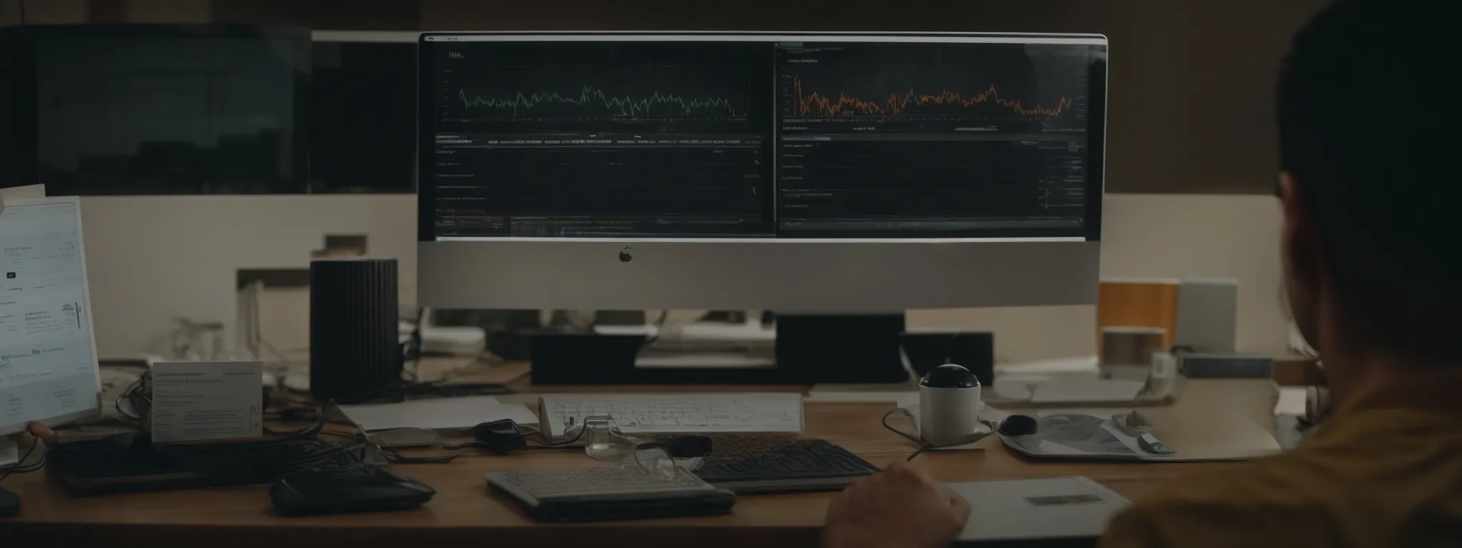 a person sits before a computer screen displaying a website's analytics dashboard amidst marketing strategy documents.