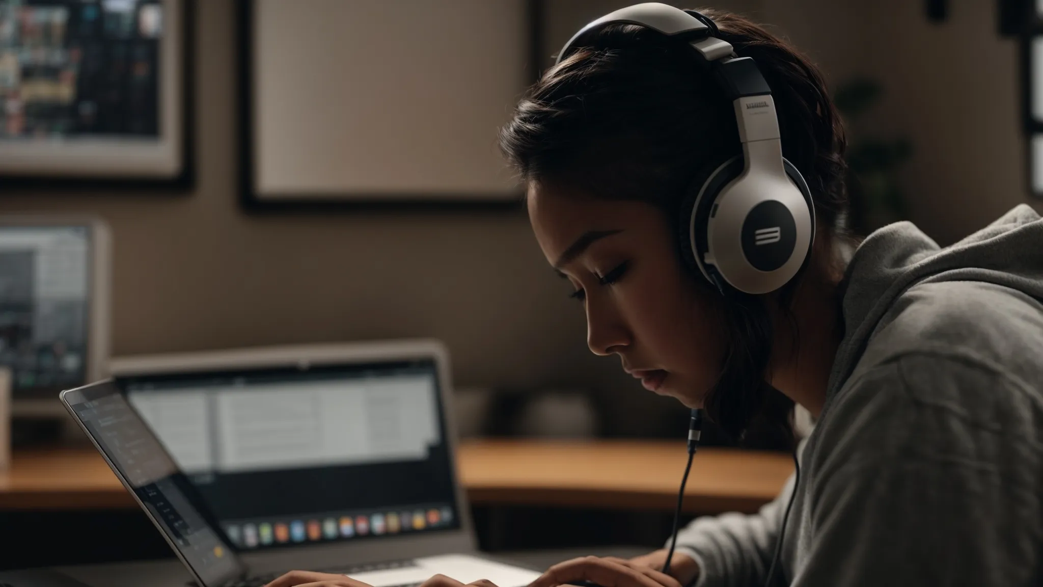 a person wearing headphones is transcribing a video on a laptop in a quiet, well-lit workspace.