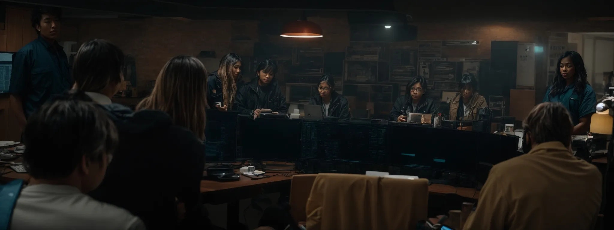 a team gathered around a large monitor, discussing a digital project timeline.