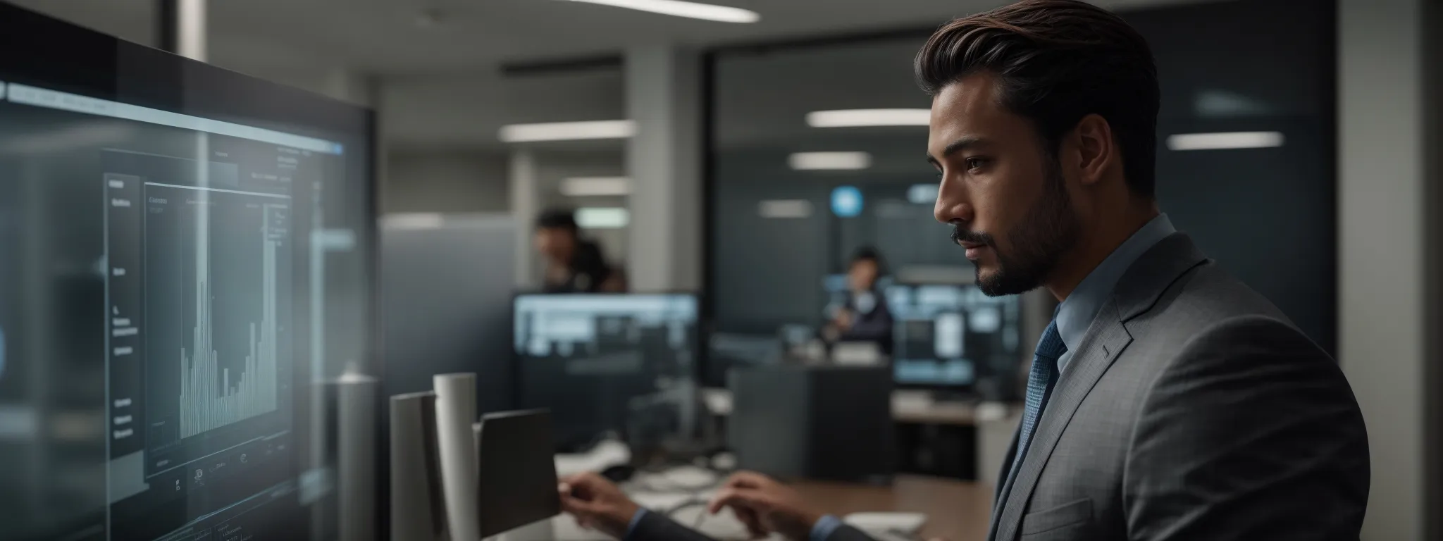 a focused individual interacts with an intuitive digital interface on a sleek touchscreen display in a modern, well-lit office environment.