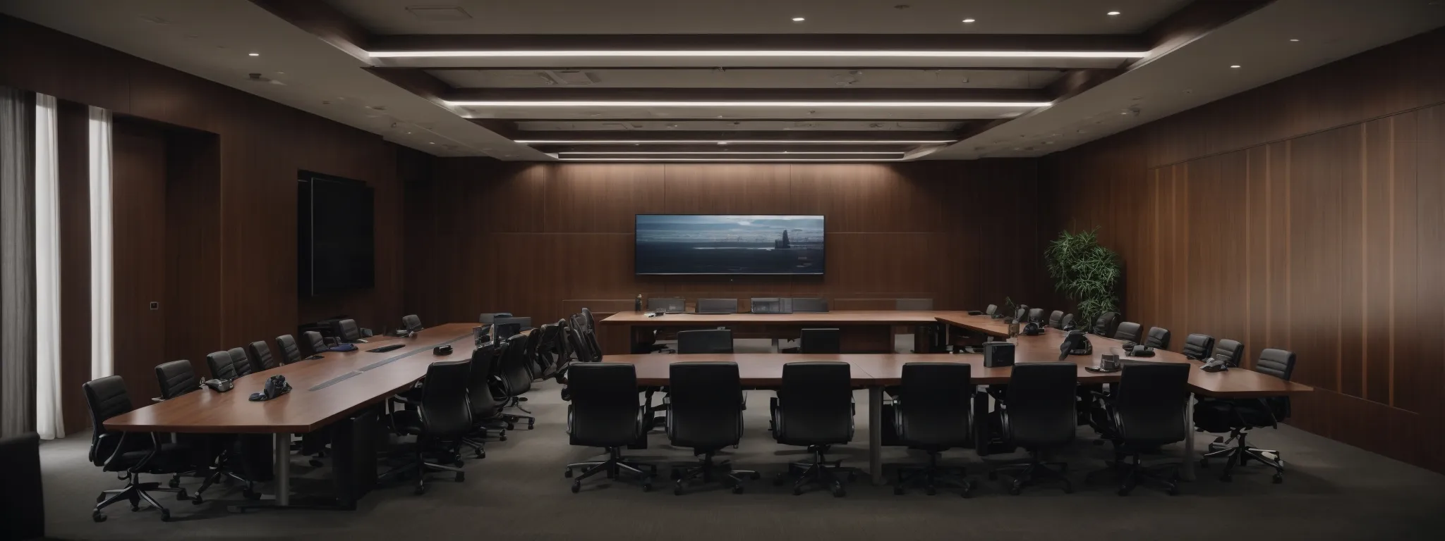a corporate meeting room with a large table and computers where business professionals are engaged in a strategy discussion.