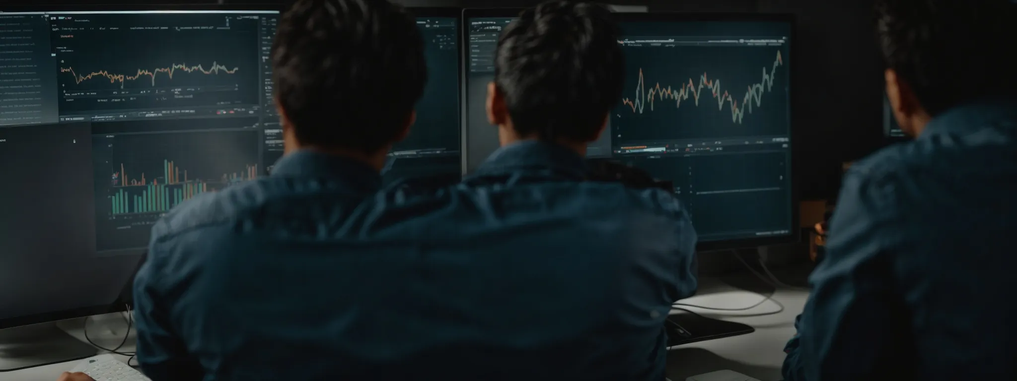 a marketer analyzes graphs on a computer screen showing website traffic and keyword performance.