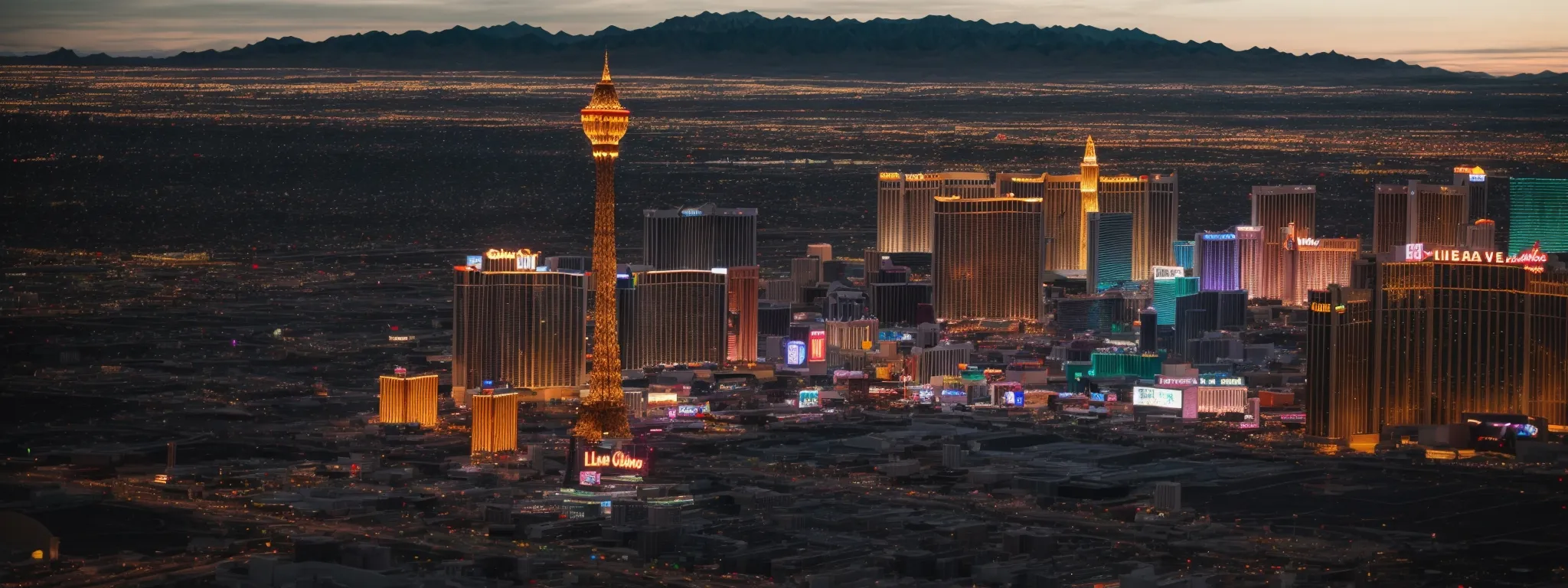 a skyline of las vegas with neon signs illuminating the dusk, symbolizing the city's digital leadership.