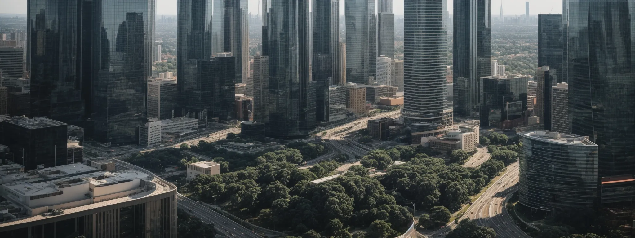 a panoramic view of interconnected skyscrapers representing a network of company domains under a unified brand skyline.