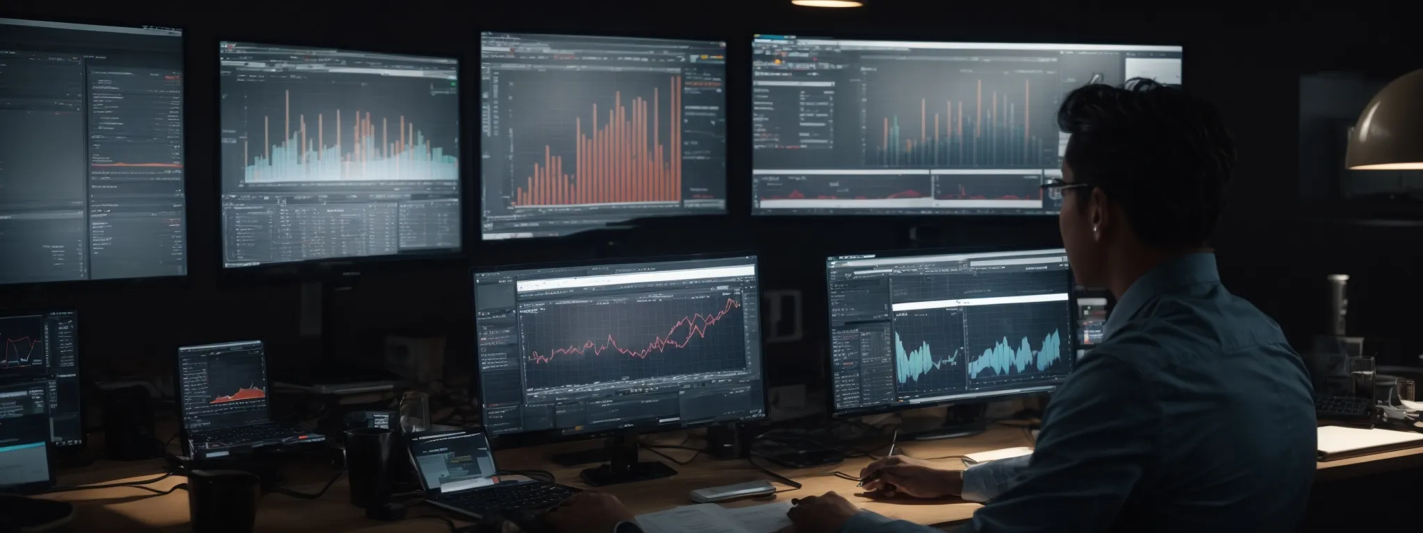 a person sitting at a desk with multiple computer screens displaying graphs and analytics while adjusting a digital marketing strategy.