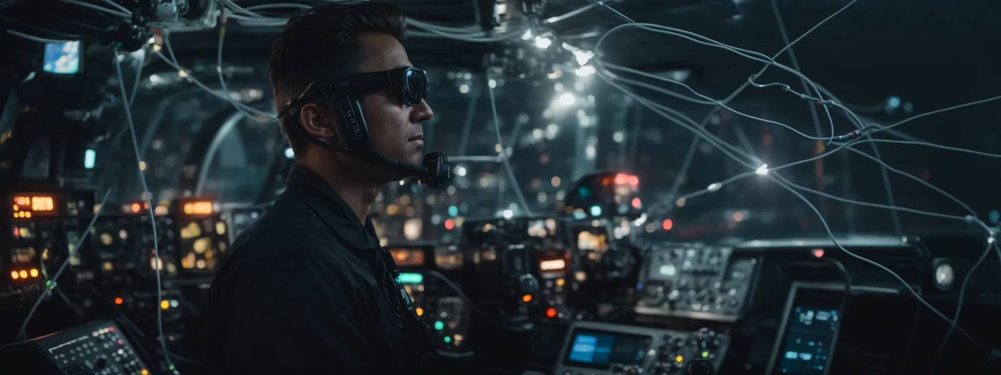 a captain at the helm of a ship attentively navigates through a complex network of technology-equipped buoys representing diverse marketing metrics.