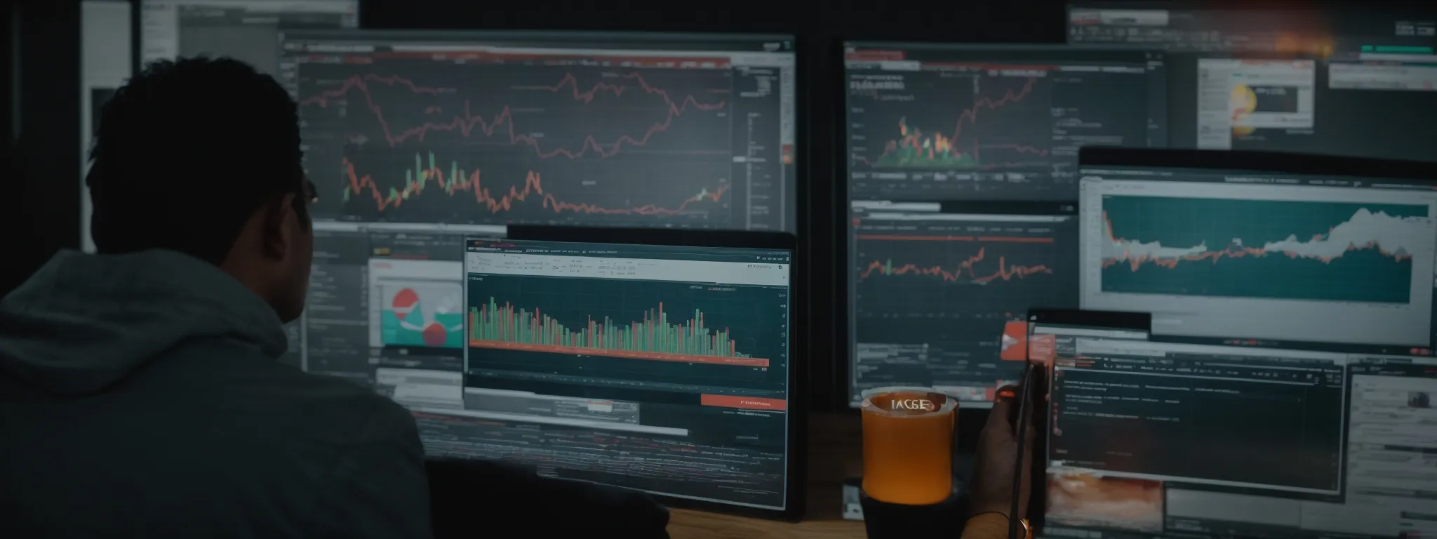 a marketer intensely examining analytics on a computer screen with the bing news interface visible.