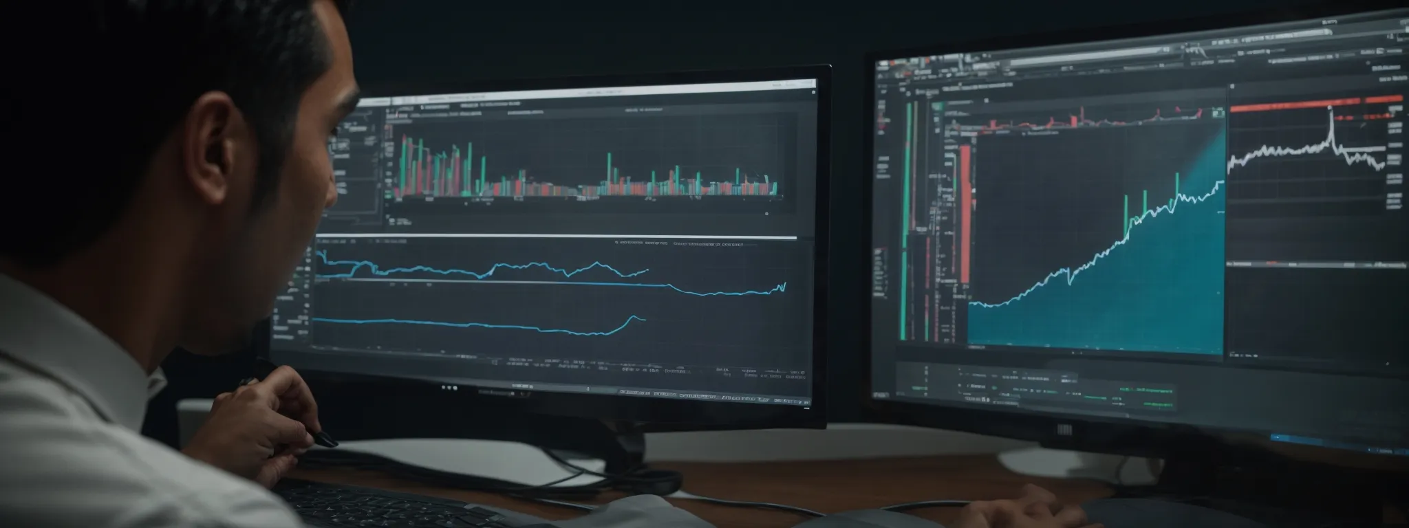 a marketer inspects complex graphs and analytics on a computer screen, depicting user interaction trends.
