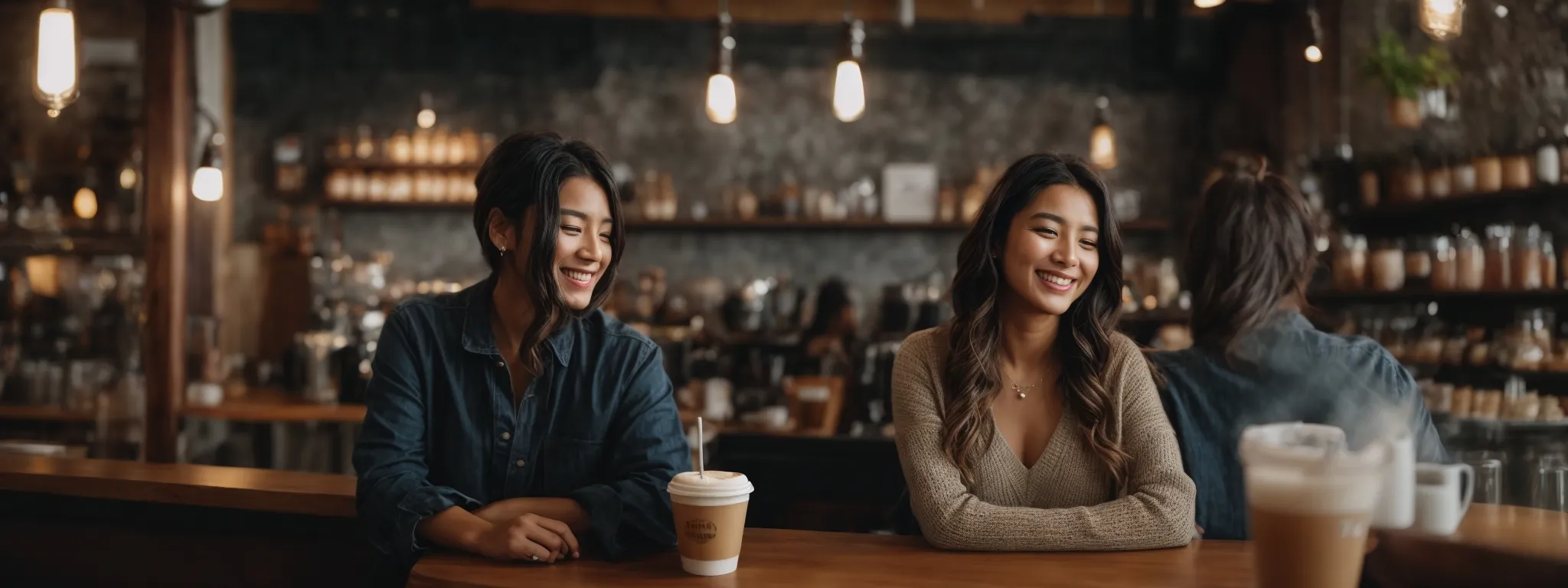 an influencer and a local cafe owner smile together for a promotion amid the cozy ambiance of the coffee shop.