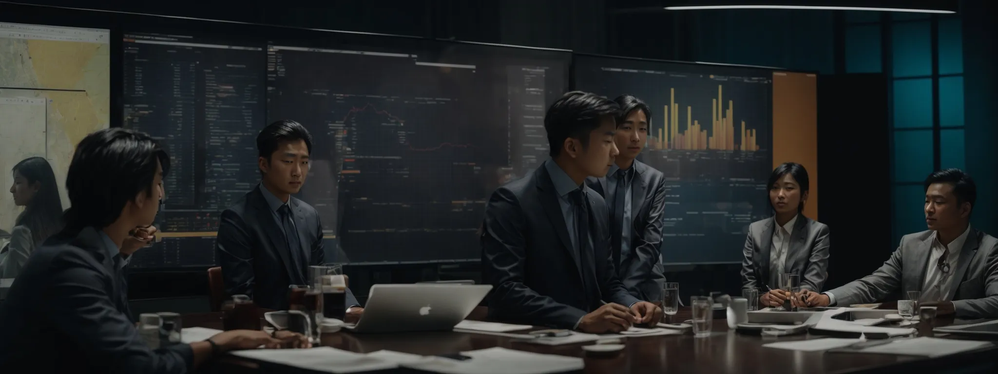 Six professionals in suits sit around a conference table with laptops, papers, and glasses of water, while financial data and charts are displayed on large screens behind them.