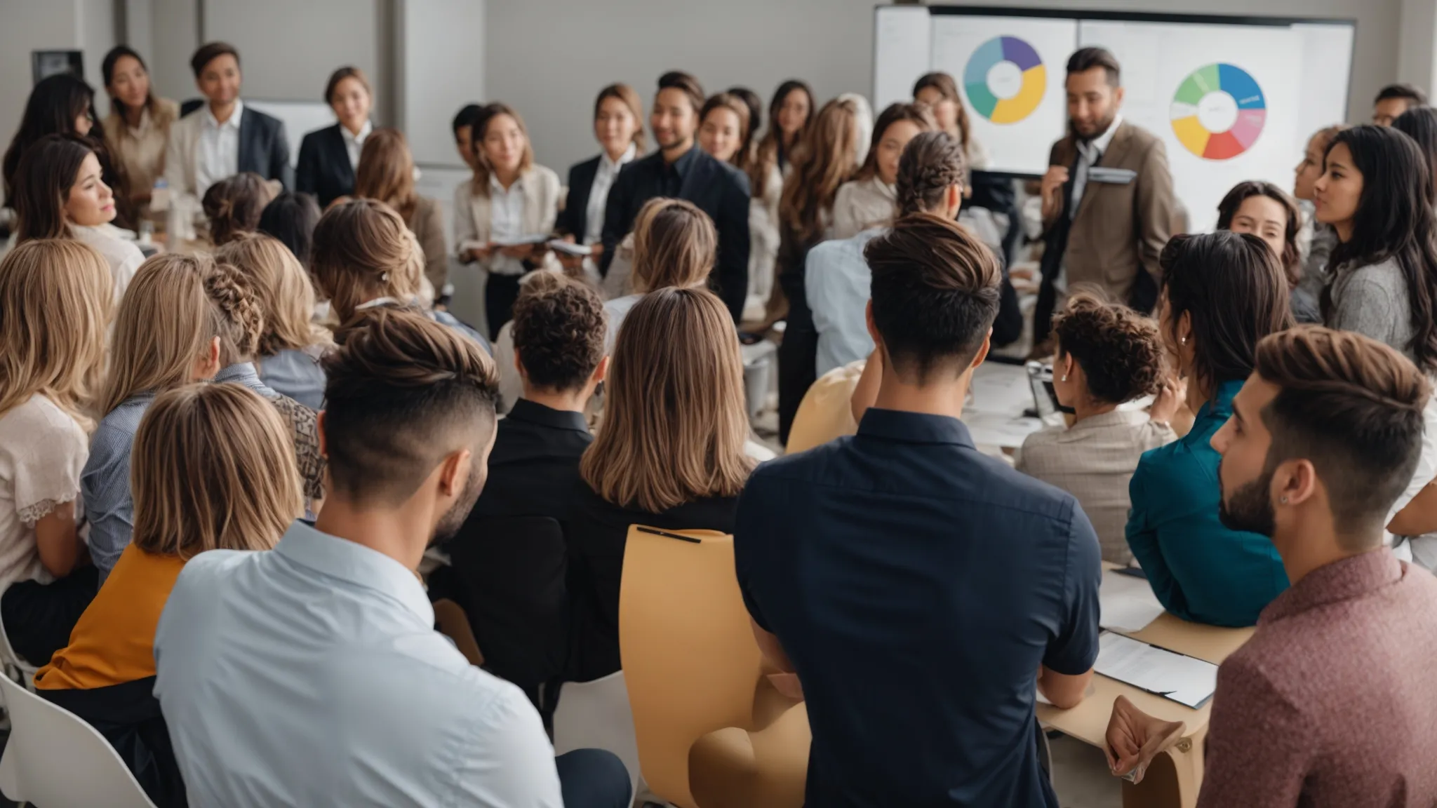 a marketer demonstrates a colorful pie chart on a whiteboard to a group of attentive professionals during a workshop on seo strategies for color variations in product listings.