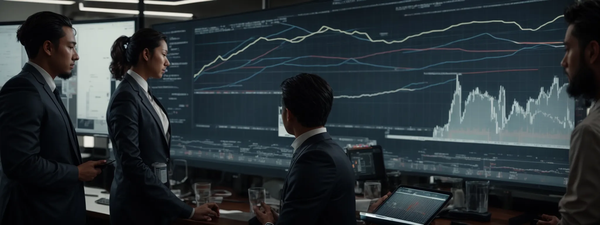 a marketing team analyzes graphs on a large screen, strategizing their next move.