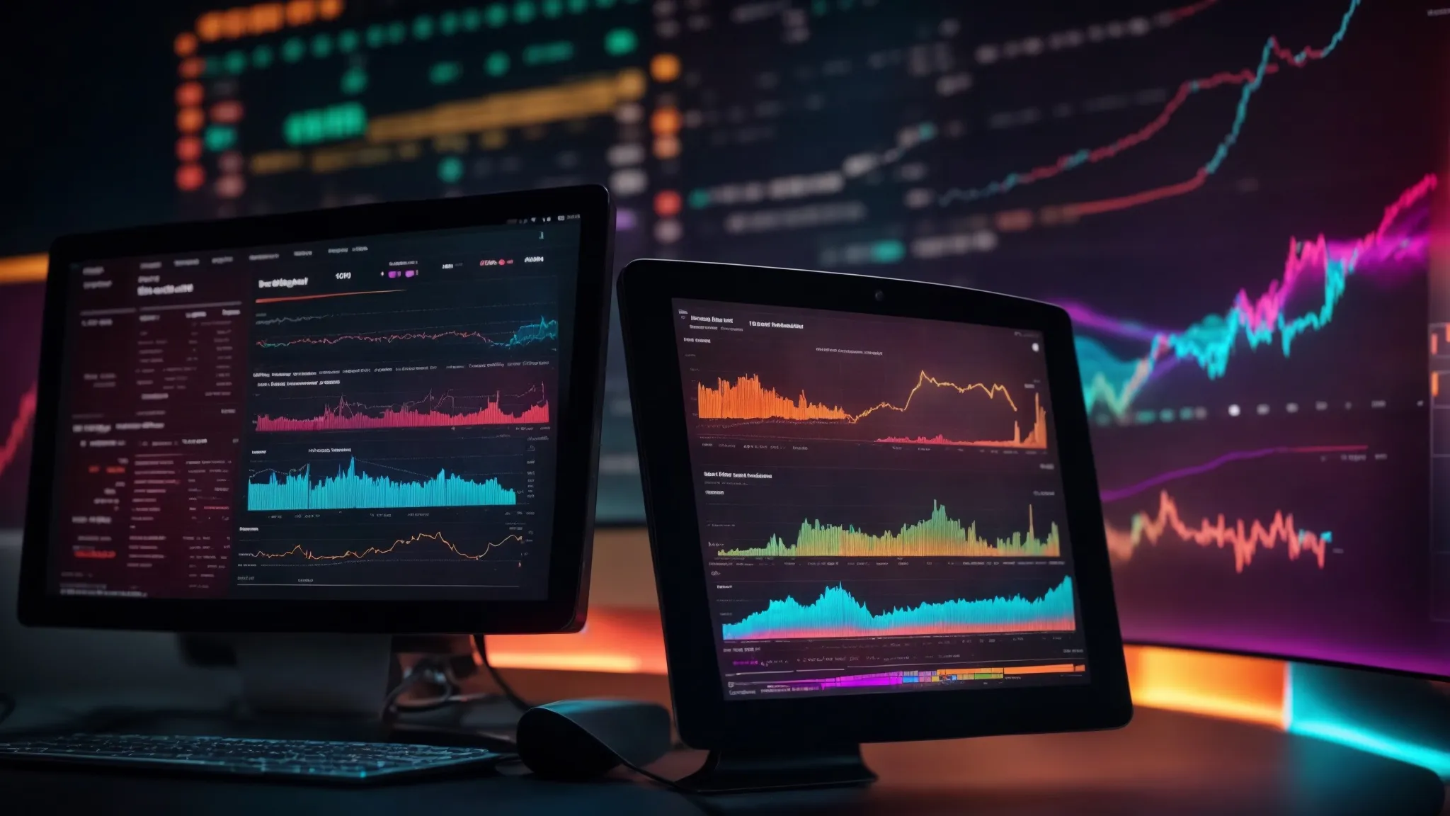a computer screen displaying a colorful analytics dashboard with fluctuating graphs representing search engine rankings.