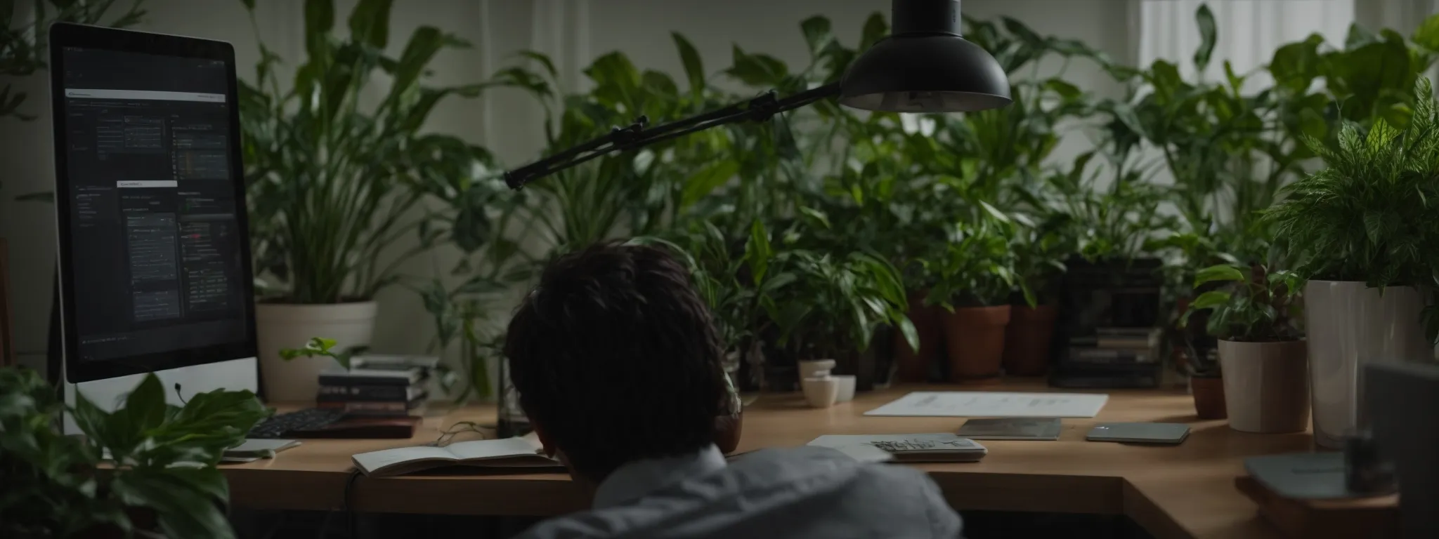 a person sits at a desk immersed in a digital marketing strategy on their computer while a plant nearby signifies organic growth.