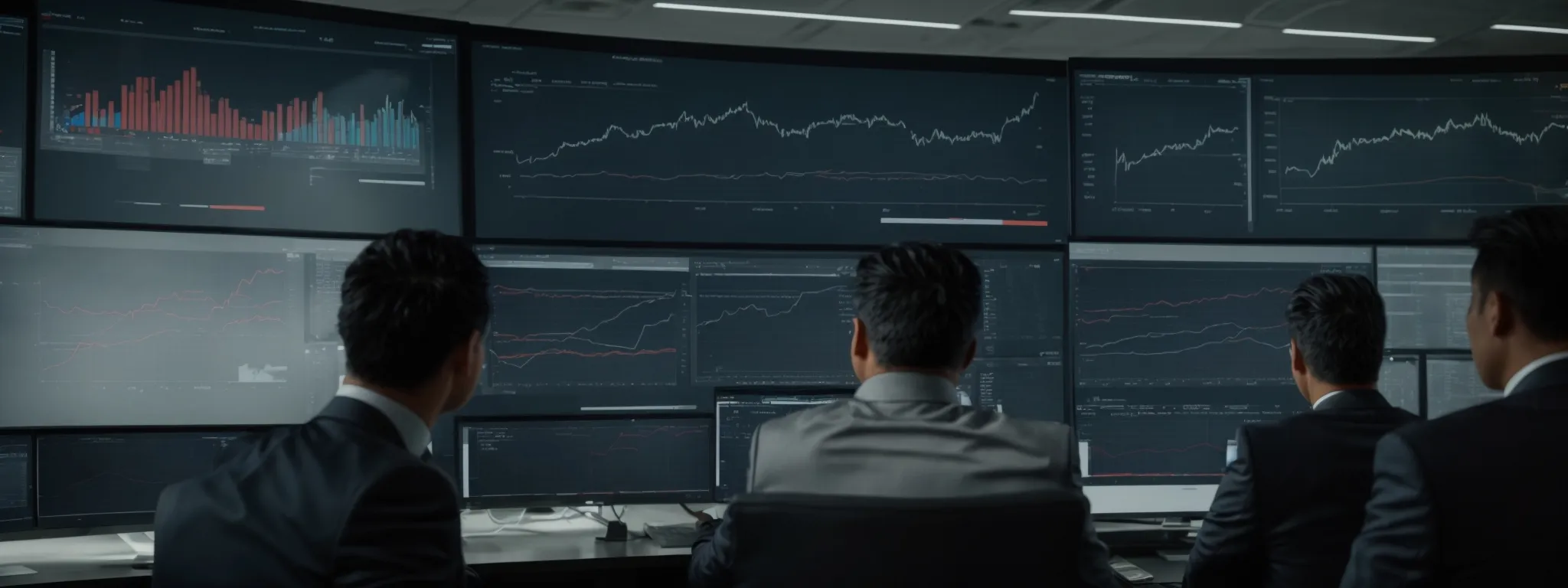 a group of professionals examines intricate graphs and charts on a large digital screen in a modern office.